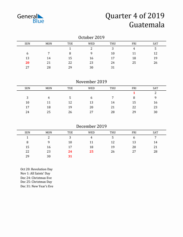 Quarter 4 2019 Guatemala Quarterly Calendar