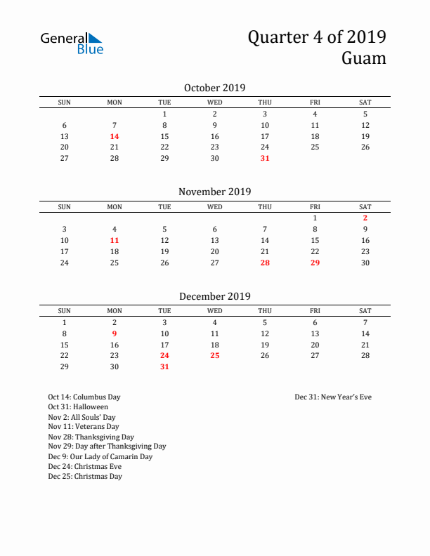 Quarter 4 2019 Guam Quarterly Calendar