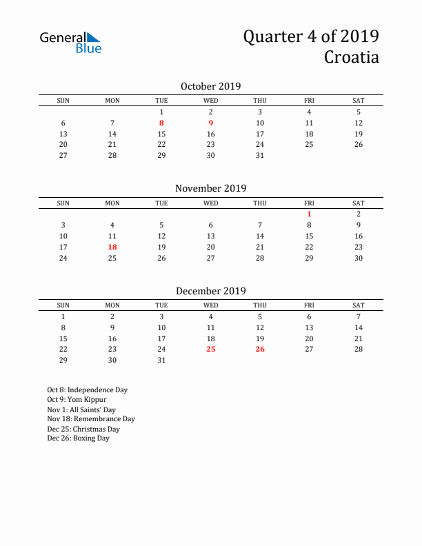 Quarter 4 2019 Croatia Quarterly Calendar