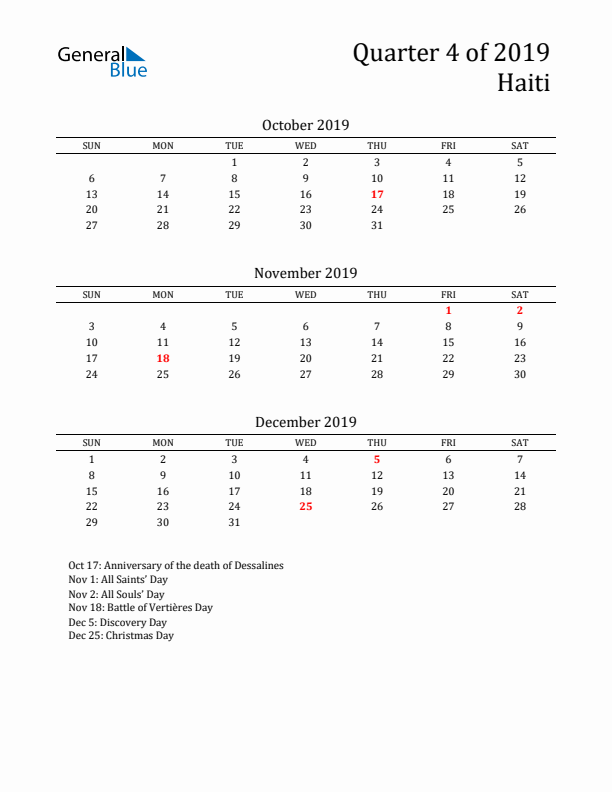 Quarter 4 2019 Haiti Quarterly Calendar