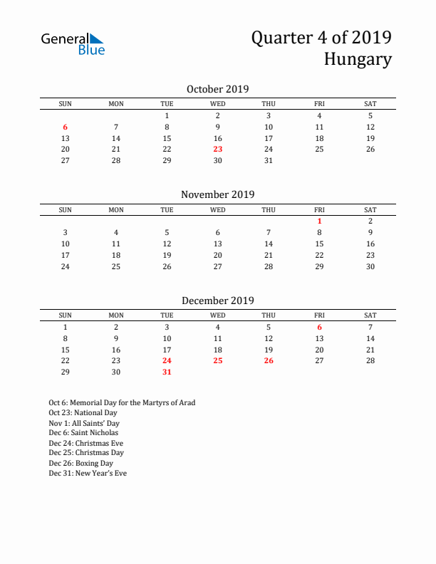 Quarter 4 2019 Hungary Quarterly Calendar