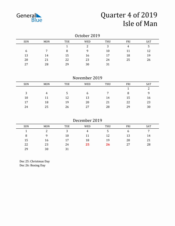 Quarter 4 2019 Isle of Man Quarterly Calendar