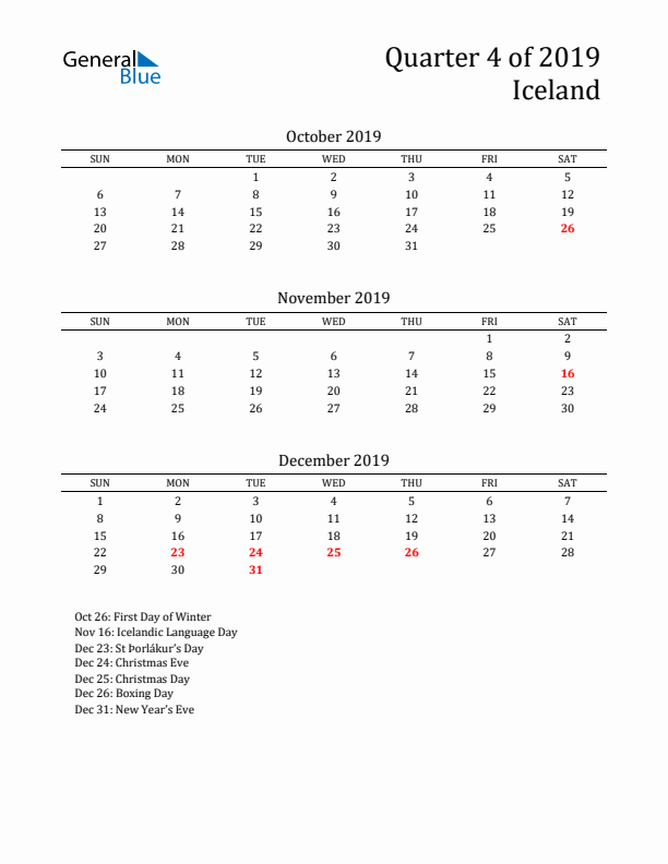 Quarter 4 2019 Iceland Quarterly Calendar