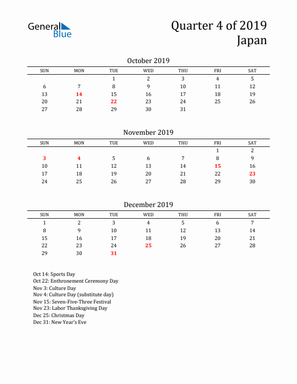 Quarter 4 2019 Japan Quarterly Calendar