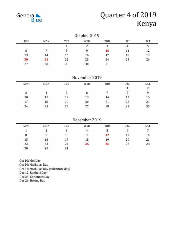 Quarter 4 2019 Kenya Quarterly Calendar