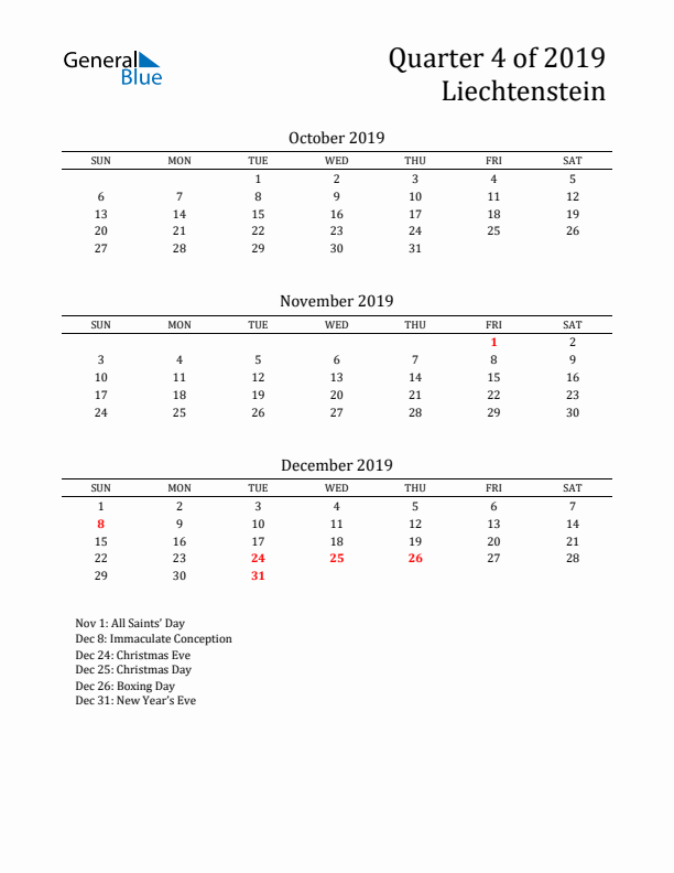 Quarter 4 2019 Liechtenstein Quarterly Calendar