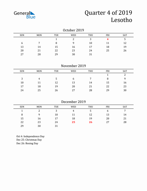 Quarter 4 2019 Lesotho Quarterly Calendar