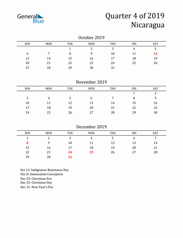 Quarter 4 2019 Nicaragua Quarterly Calendar