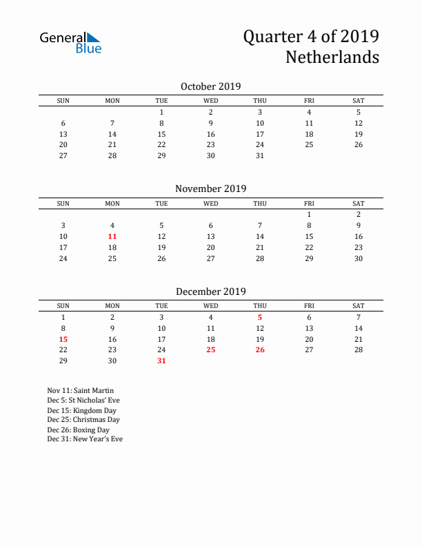 Quarter 4 2019 The Netherlands Quarterly Calendar