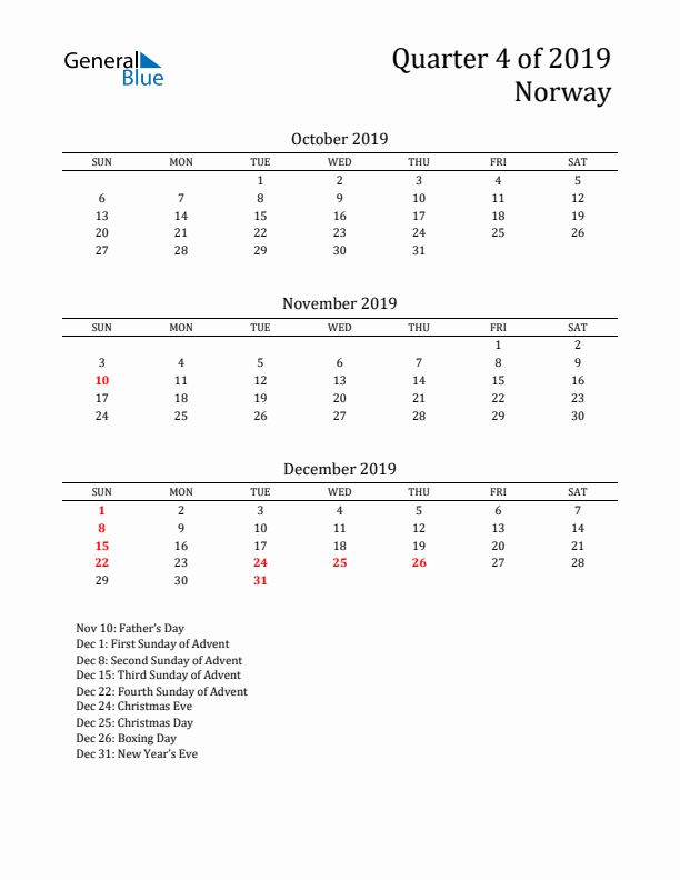 Quarter 4 2019 Norway Quarterly Calendar