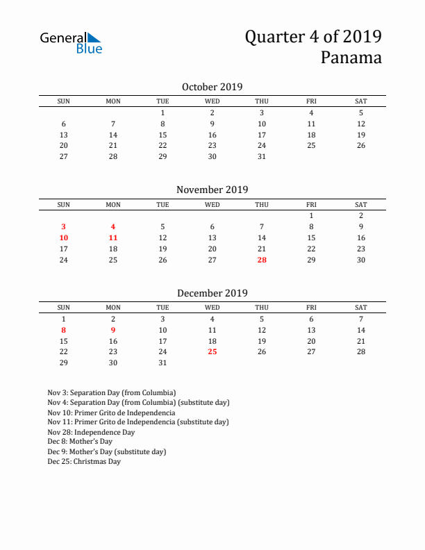 Quarter 4 2019 Panama Quarterly Calendar