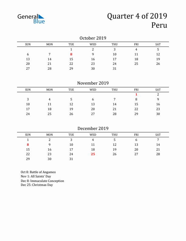 Quarter 4 2019 Peru Quarterly Calendar