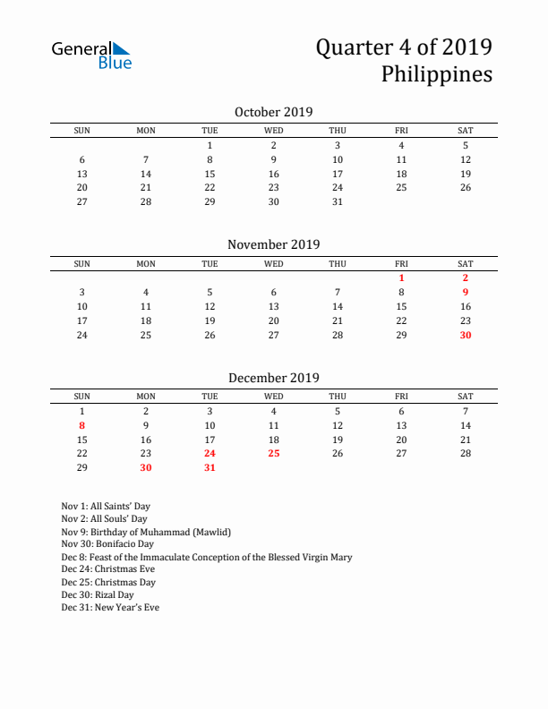 Quarter 4 2019 Philippines Quarterly Calendar