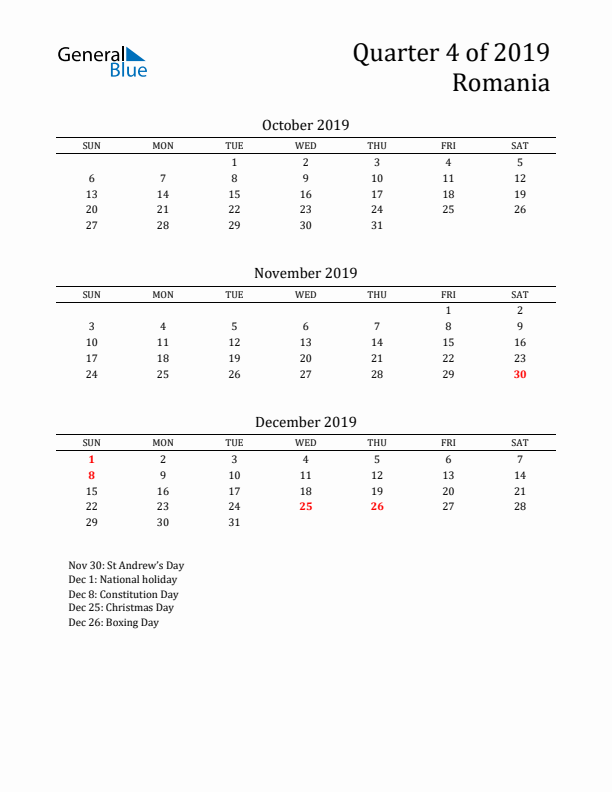 Quarter 4 2019 Romania Quarterly Calendar