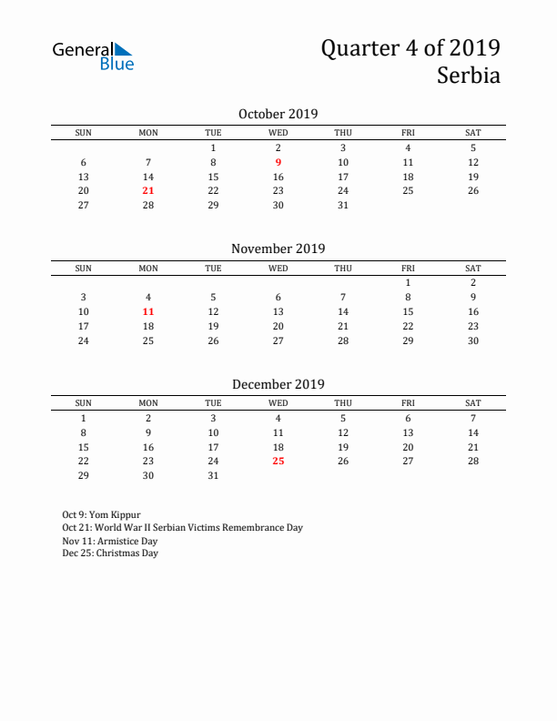 Quarter 4 2019 Serbia Quarterly Calendar