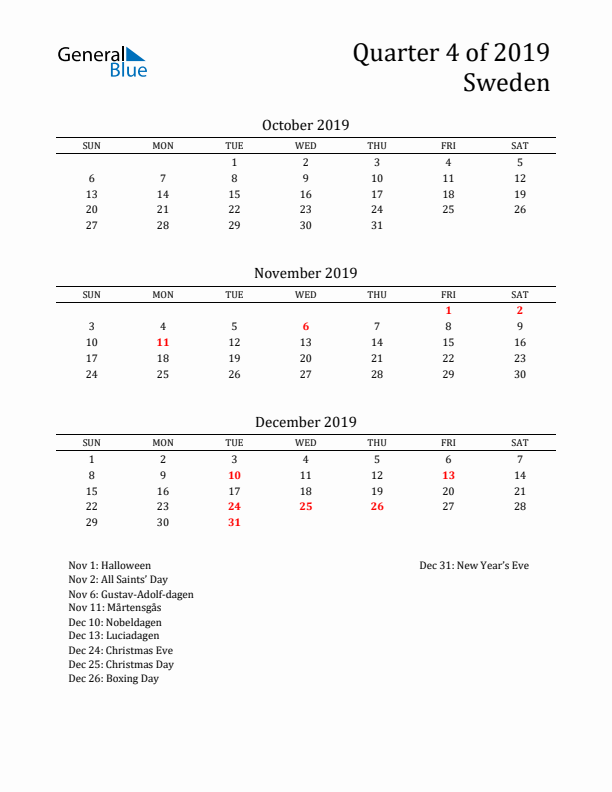 Quarter 4 2019 Sweden Quarterly Calendar