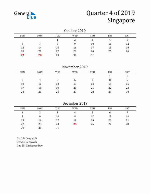 Quarter 4 2019 Singapore Quarterly Calendar