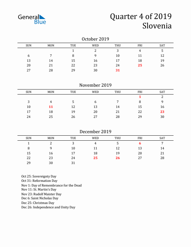 Quarter 4 2019 Slovenia Quarterly Calendar