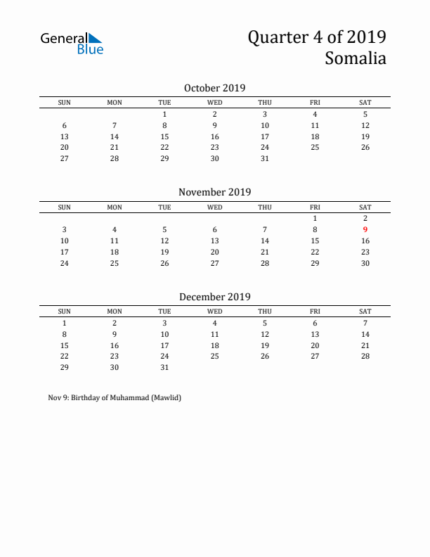 Quarter 4 2019 Somalia Quarterly Calendar