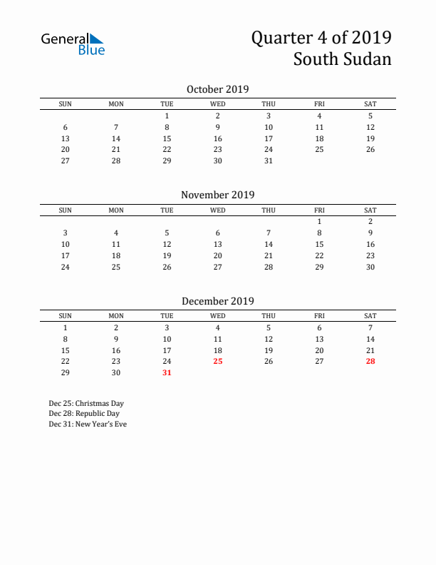 Quarter 4 2019 South Sudan Quarterly Calendar