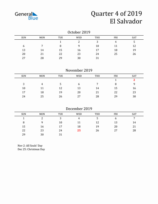 Quarter 4 2019 El Salvador Quarterly Calendar