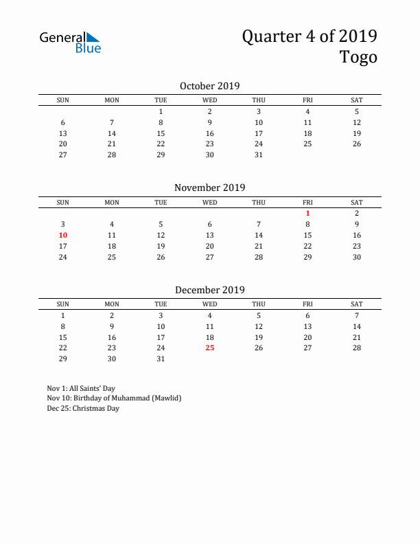 Quarter 4 2019 Togo Quarterly Calendar