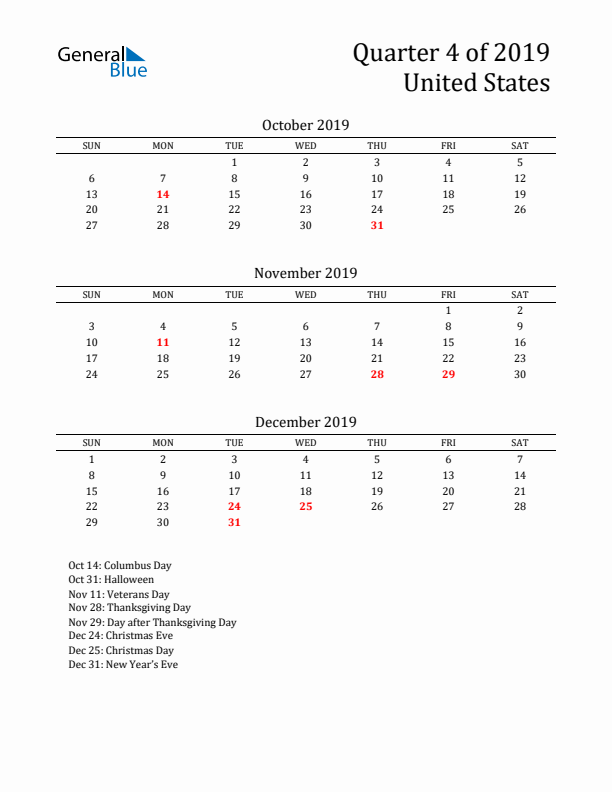 Quarter 4 2019 United States Quarterly Calendar