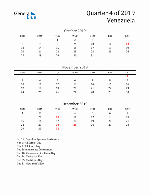 Quarter 4 2019 Venezuela Quarterly Calendar