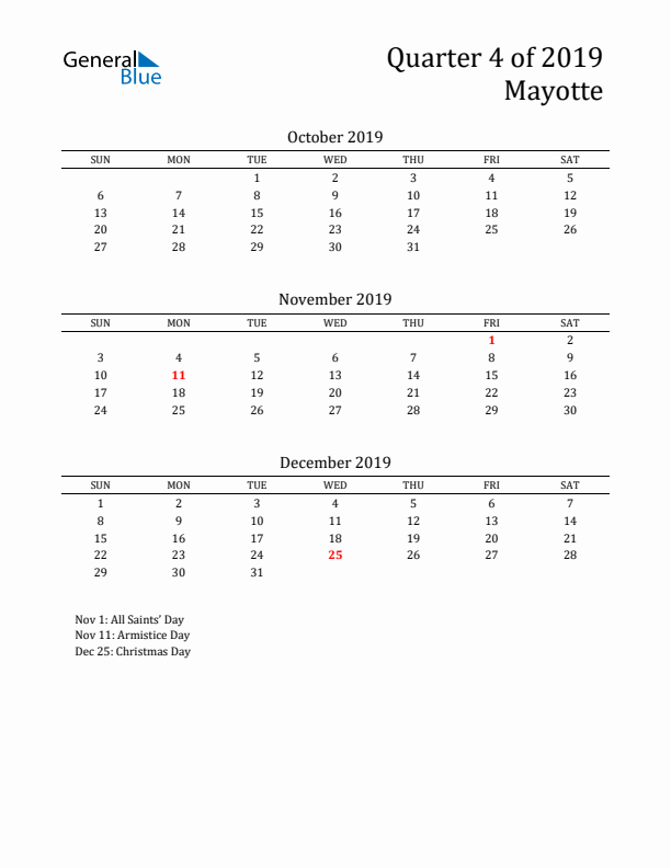 Quarter 4 2019 Mayotte Quarterly Calendar