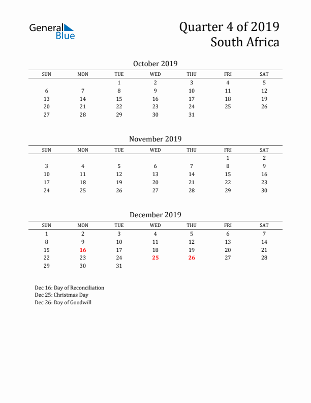 Quarter 4 2019 South Africa Quarterly Calendar