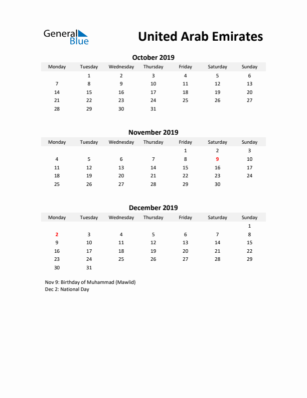 Printable Quarterly Calendar with Notes and United Arab Emirates Holidays- Q4 of 2019