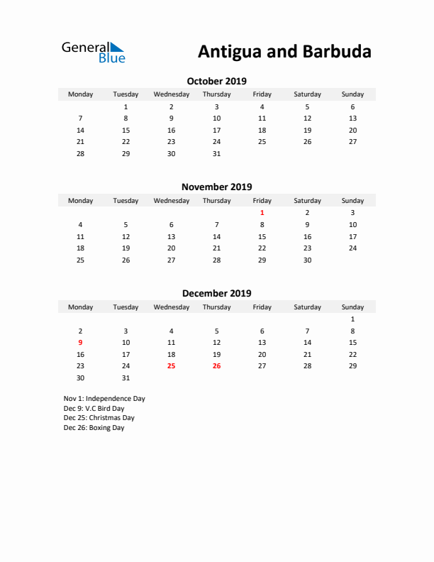 Printable Quarterly Calendar with Notes and Antigua and Barbuda Holidays- Q4 of 2019