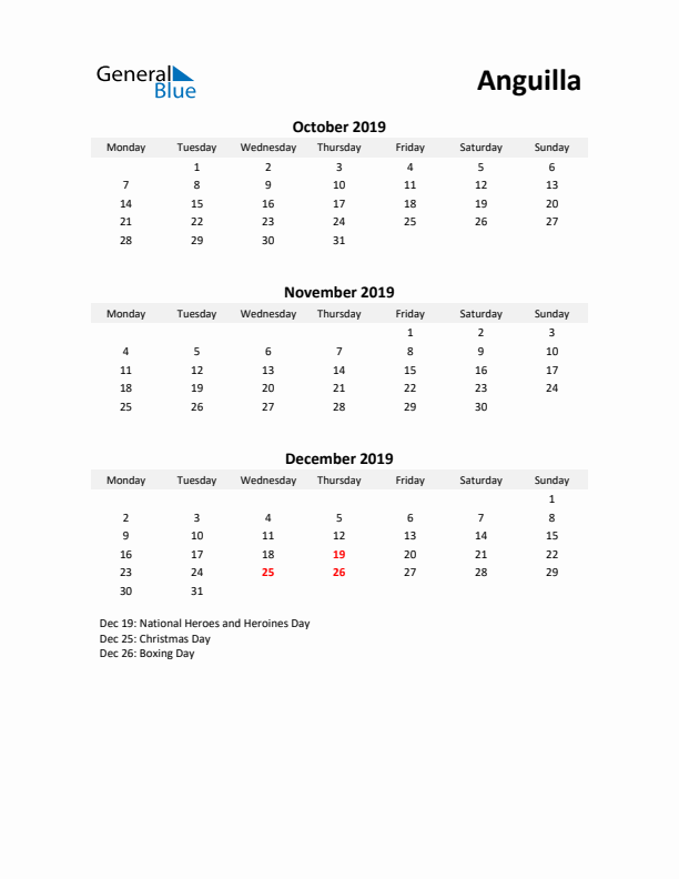 Printable Quarterly Calendar with Notes and Anguilla Holidays- Q4 of 2019