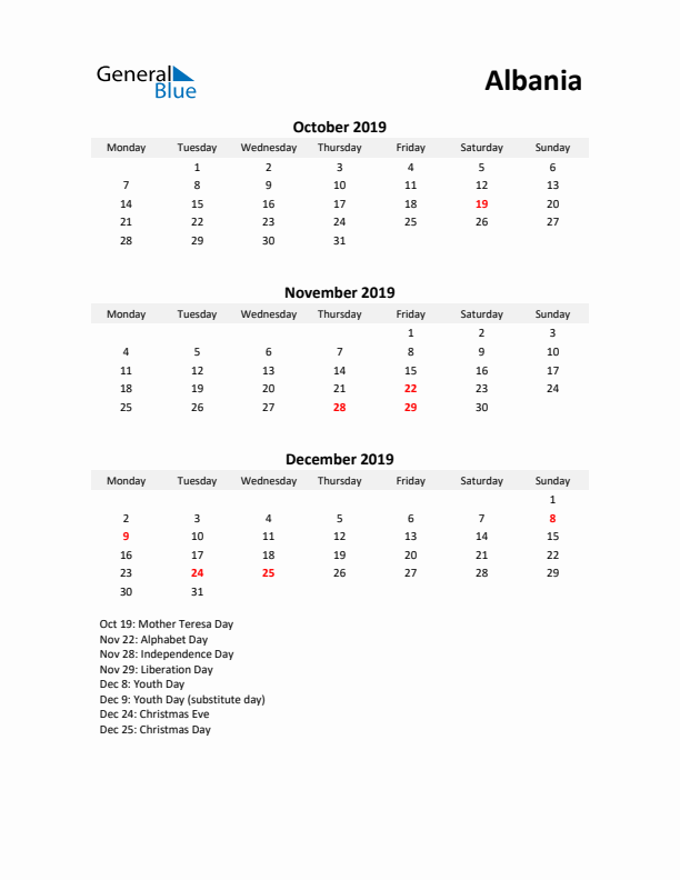 Printable Quarterly Calendar with Notes and Albania Holidays- Q4 of 2019