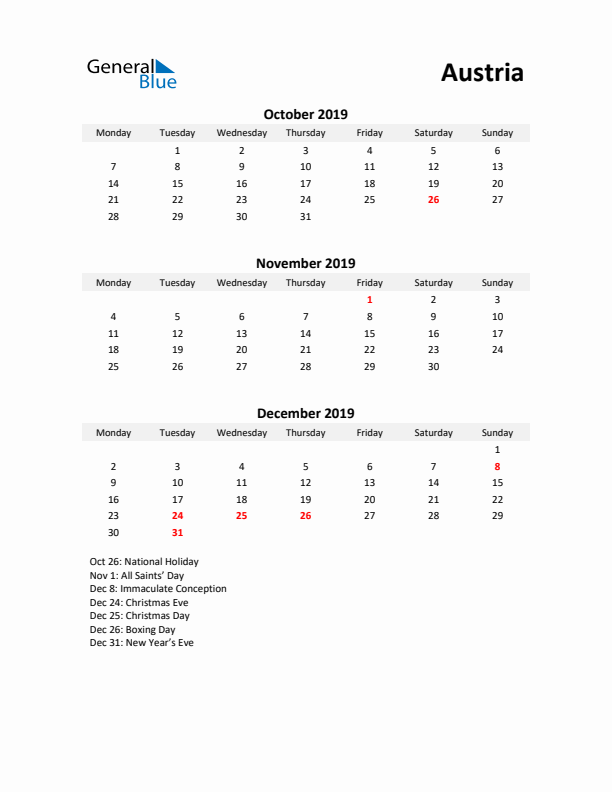 Printable Quarterly Calendar with Notes and Austria Holidays- Q4 of 2019