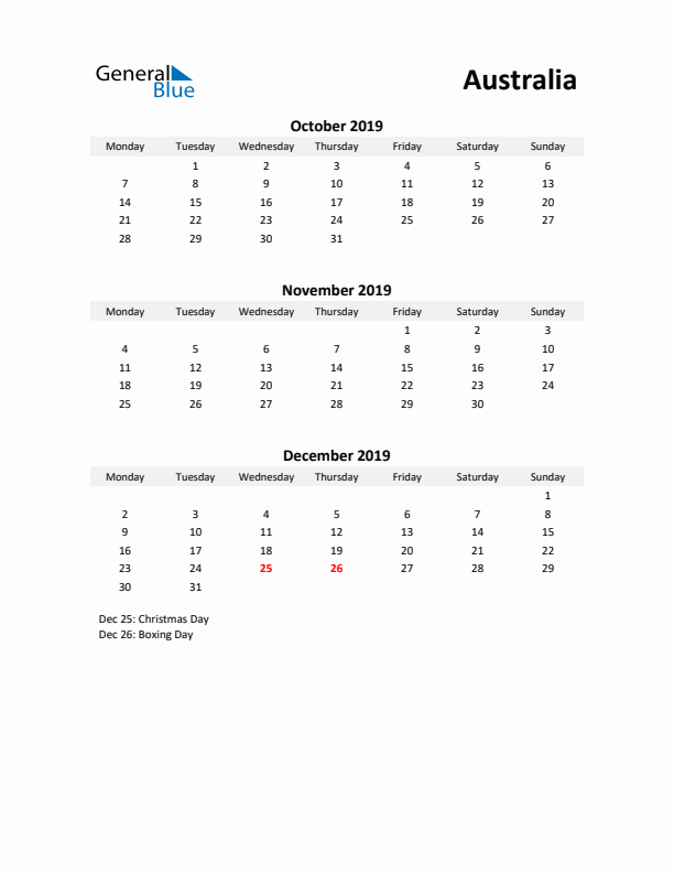 Printable Quarterly Calendar with Notes and Australia Holidays- Q4 of 2019