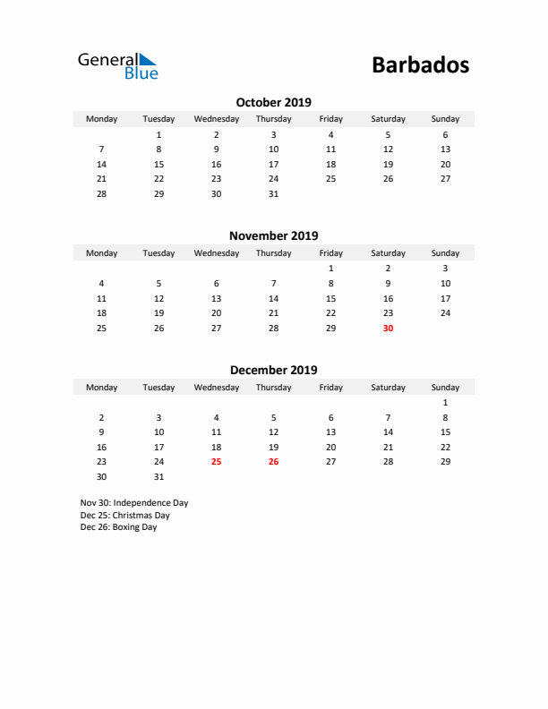 Printable Quarterly Calendar with Notes and Barbados Holidays- Q4 of 2019