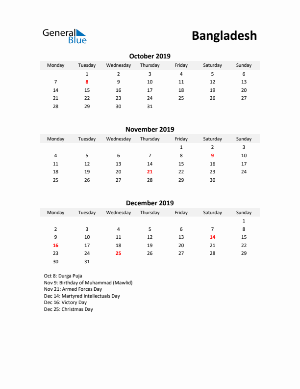 Printable Quarterly Calendar with Notes and Bangladesh Holidays- Q4 of 2019