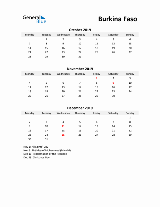 Printable Quarterly Calendar with Notes and Burkina Faso Holidays- Q4 of 2019