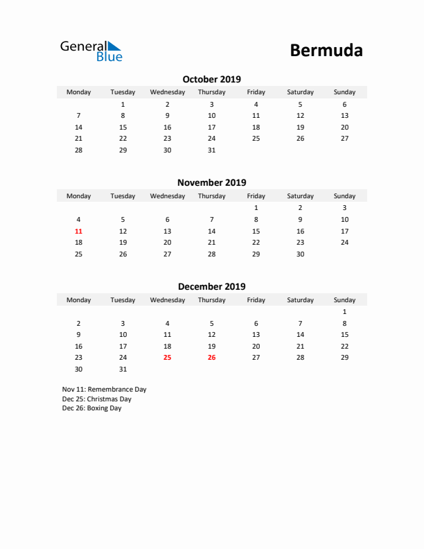 Printable Quarterly Calendar with Notes and Bermuda Holidays- Q4 of 2019