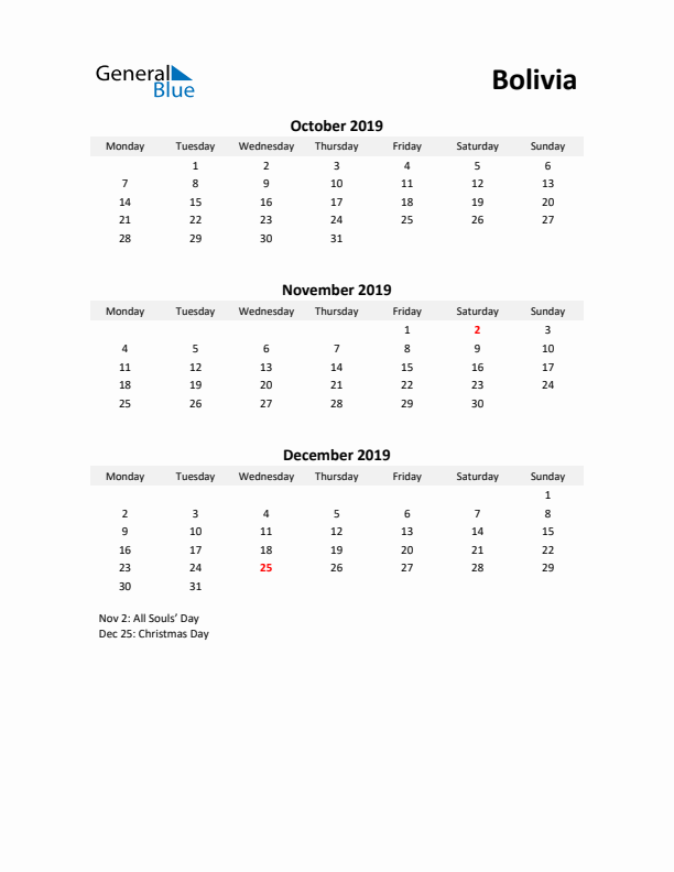 Printable Quarterly Calendar with Notes and Bolivia Holidays- Q4 of 2019