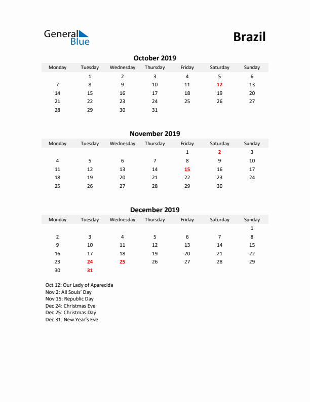 Printable Quarterly Calendar with Notes and Brazil Holidays- Q4 of 2019