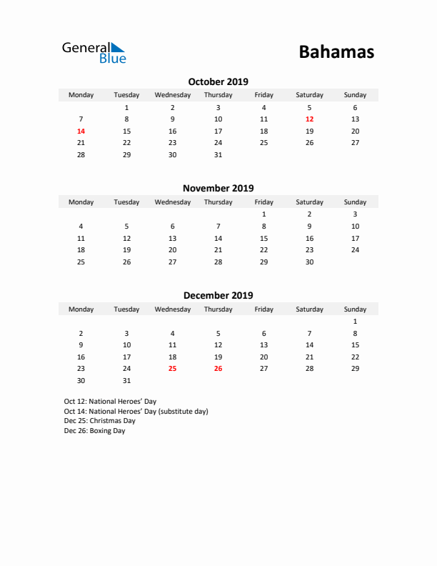 Printable Quarterly Calendar with Notes and Bahamas Holidays- Q4 of 2019