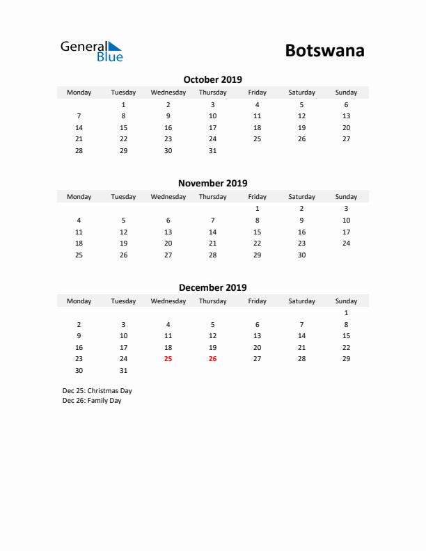 Printable Quarterly Calendar with Notes and Botswana Holidays- Q4 of 2019