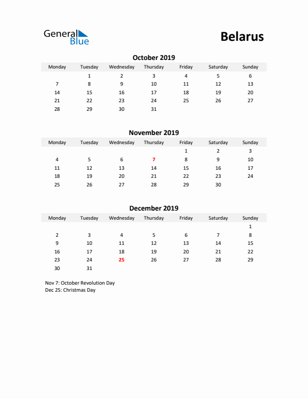 Printable Quarterly Calendar with Notes and Belarus Holidays- Q4 of 2019