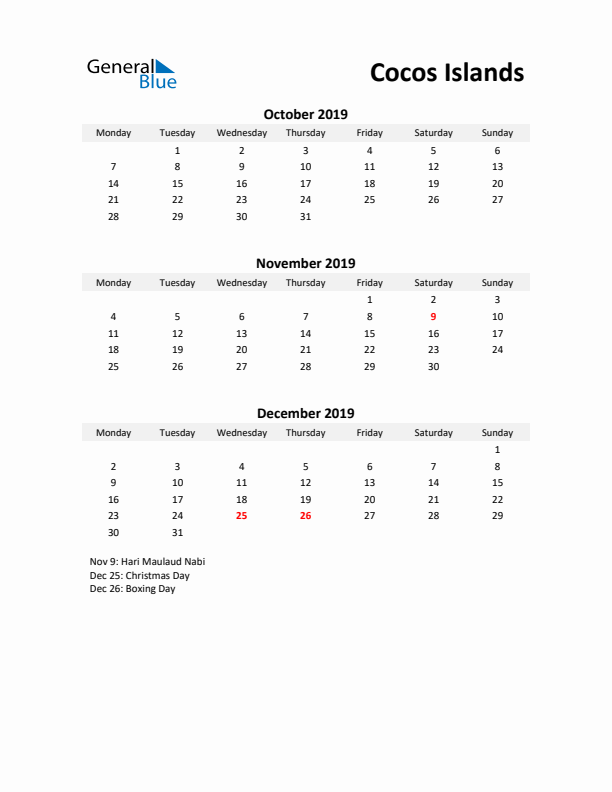 Printable Quarterly Calendar with Notes and Cocos Islands Holidays- Q4 of 2019