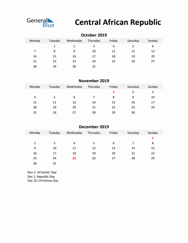 Printable Quarterly Calendar with Notes and Central African Republic Holidays- Q4 of 2019