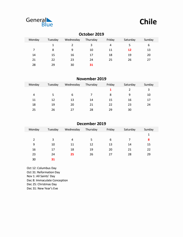 Printable Quarterly Calendar with Notes and Chile Holidays- Q4 of 2019