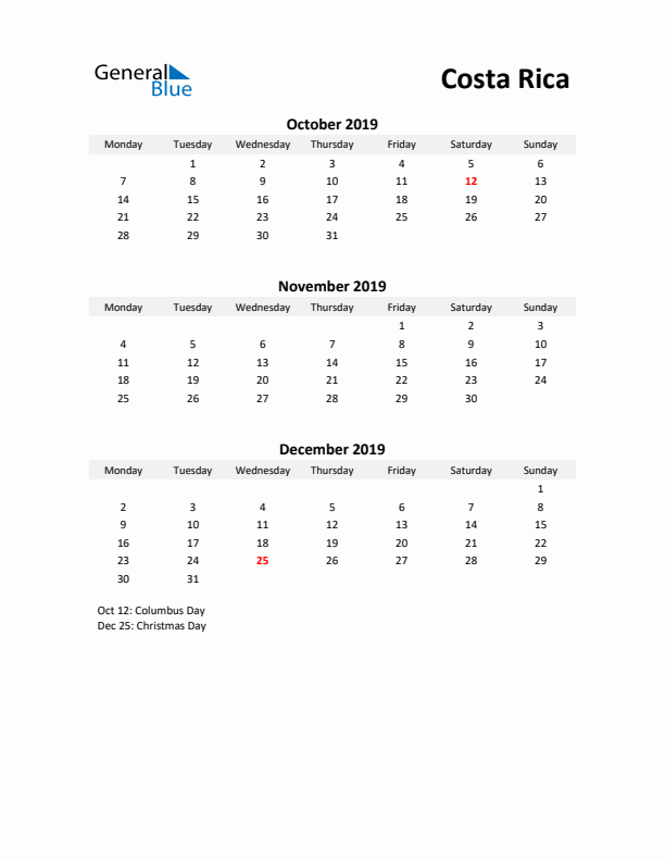 Printable Quarterly Calendar with Notes and Costa Rica Holidays- Q4 of 2019