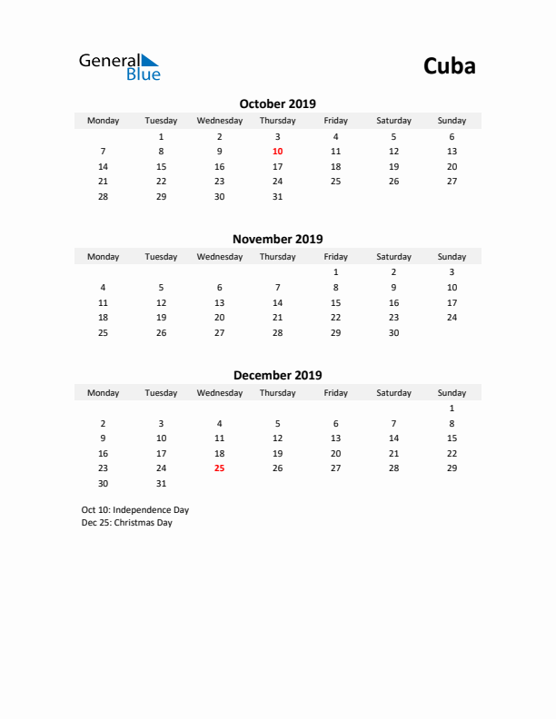 Printable Quarterly Calendar with Notes and Cuba Holidays- Q4 of 2019